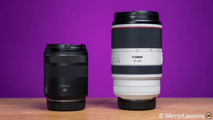 Canon RF 85mm F2 next to the RF 70-200mm F2.8