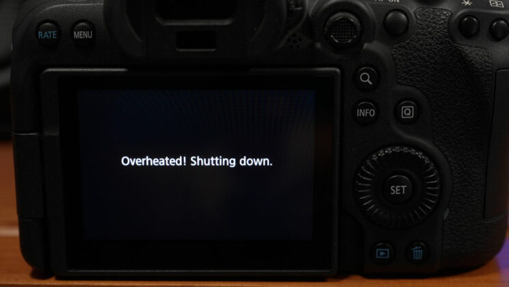 Overheated warning message on the LCD screen of the Canon R6