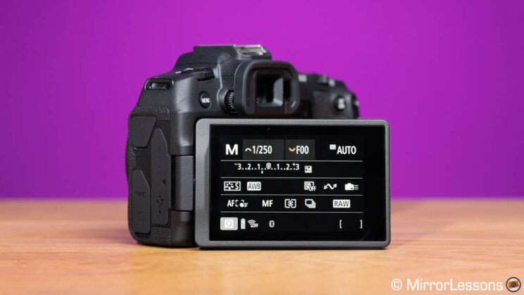 Canon R8 with LCD screen opended and flipped