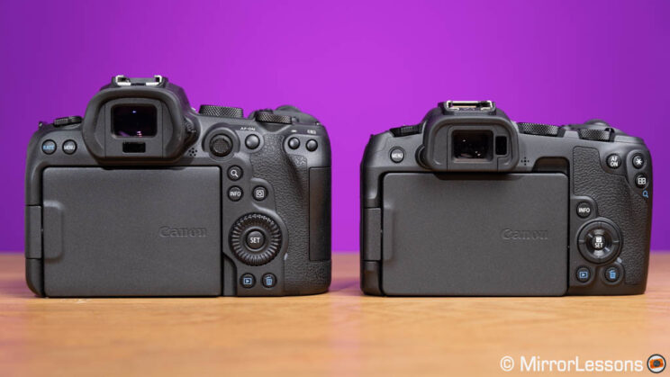 Canon R6 and R8 side by side, rear view