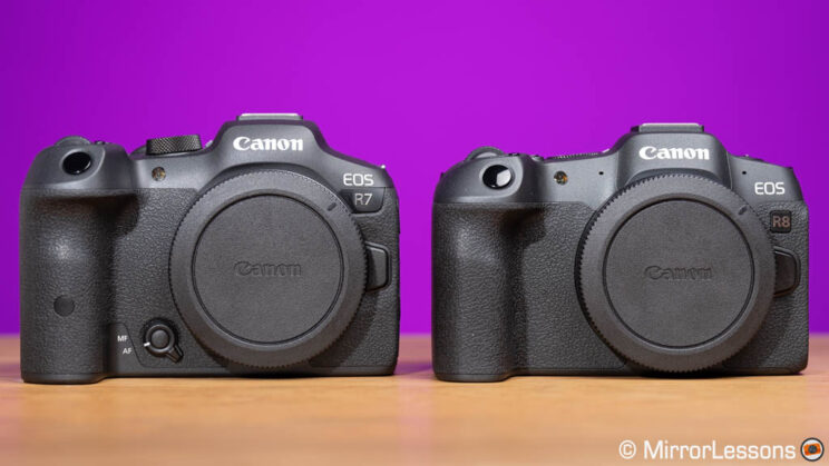 Canon R7 and R8 side by side, front view