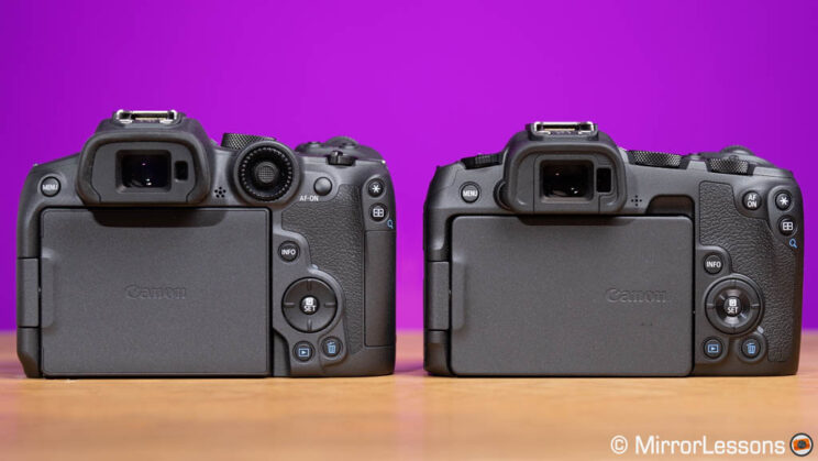Canon R7 and R8 side by side, rear view
