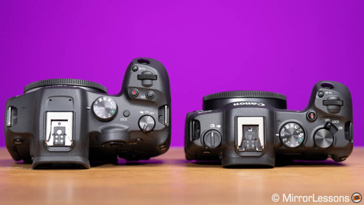 Canon R7 and R8 side by side, top view