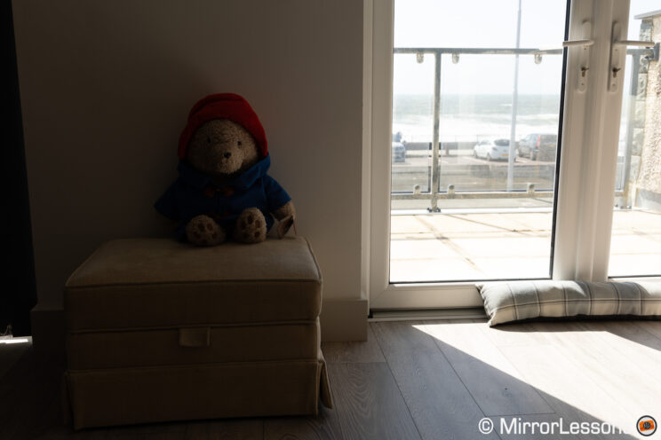 Stuffed toy in a living room with large window and view on of the sea on the outside