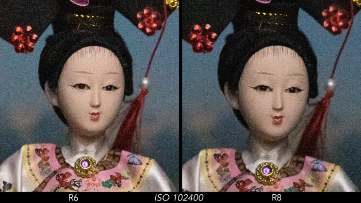 Side by side crop showing the quality of the R6 and R8 at ISO 102400