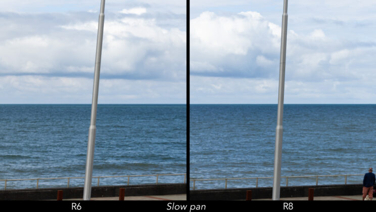 Side by side comparison showing distortion when panning slowly with the R6 and R8, using the electronic shutter.