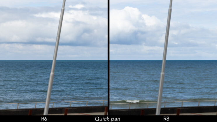 Side by side comparison showing distortion when panning quickly with the R6 and R8, using the electronic shutter.
