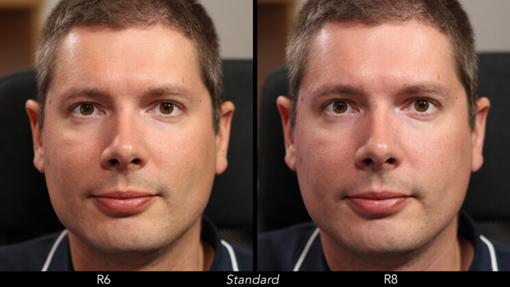 Side by side male portrait showing the difference in colours between the R6 and R8, when using the Standard setting.
