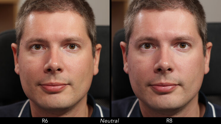 Side by side male portrait showing the difference in colours between the R6 and R8, when using the Neutral setting.