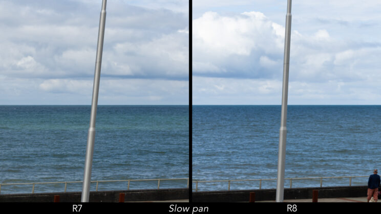 Side by side comparison showing distortion when panning slowly with the R7 and R8, using the electronic shutter.