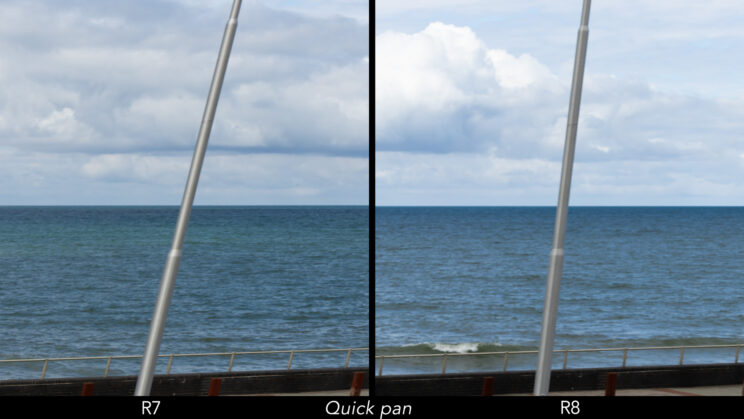 Side by side comparison showing distortion when panning quickly with the R7 and R8, using the electronic shutter.