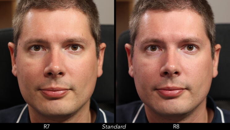 Side by side male portrait showing the difference in colours between the R7 and R8, when using the Standard profile.