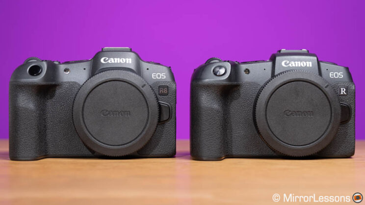 Canon R8 and RP side by side, front view