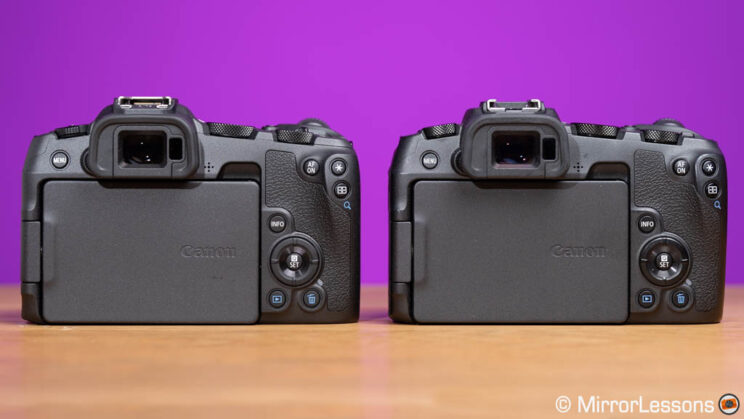 Canon R8 and RP side by side, rear view