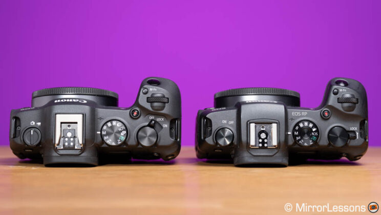Canon R8 and RP side by side, top view