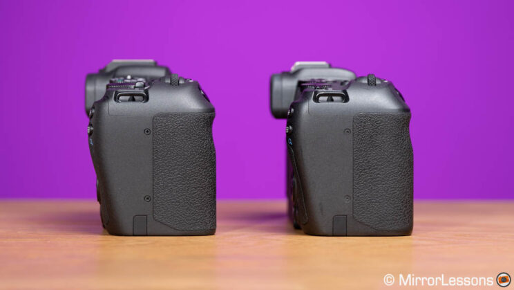 Canon R8 and RP side by side, side view