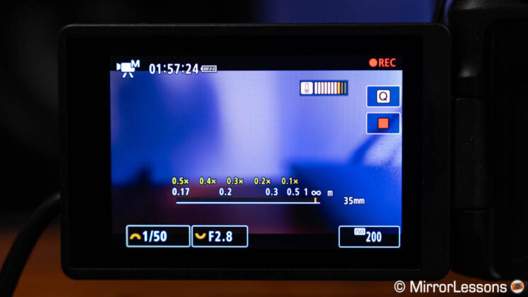 LCD screen of Canon R8 showing it's been recording for nearly 2 hours.