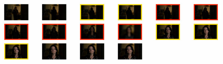 Thumbnails illustrating the low light autofocus sequence and the amount of images in focus for the RP.