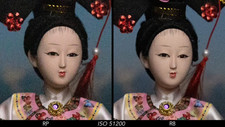 Side by side crop showing the quality of the RP and R8 at ISO 51200.