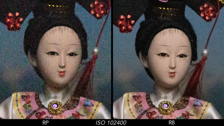 Side by side crop showing the quality of the RP and R8 at ISO 102400.