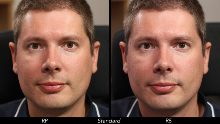 Side by side male portrait showing the difference in colours between the RP and R8, when using the Standard profile.