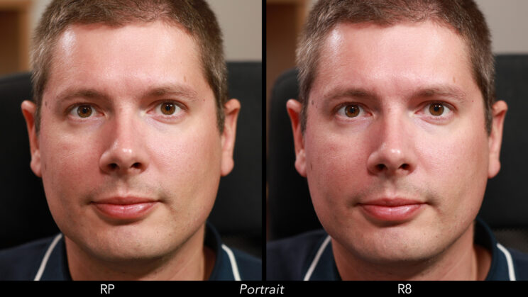 Side by side male portrait showing the difference in colours between the RP and R8, when using the Portrait profile.