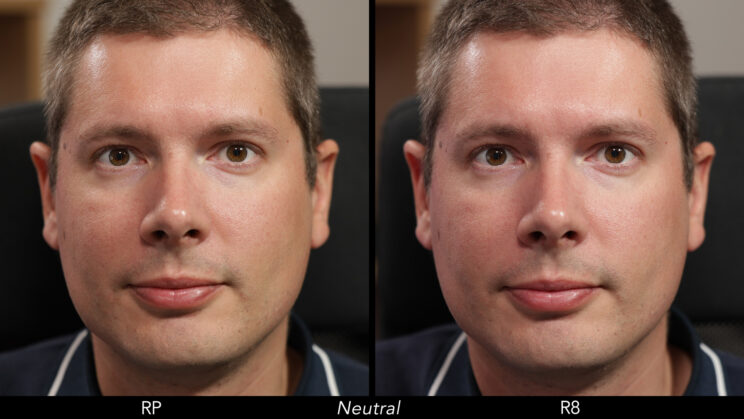 Side by side male portrait showing the difference in colours between the RP and R8, when using the Neutral profile.
