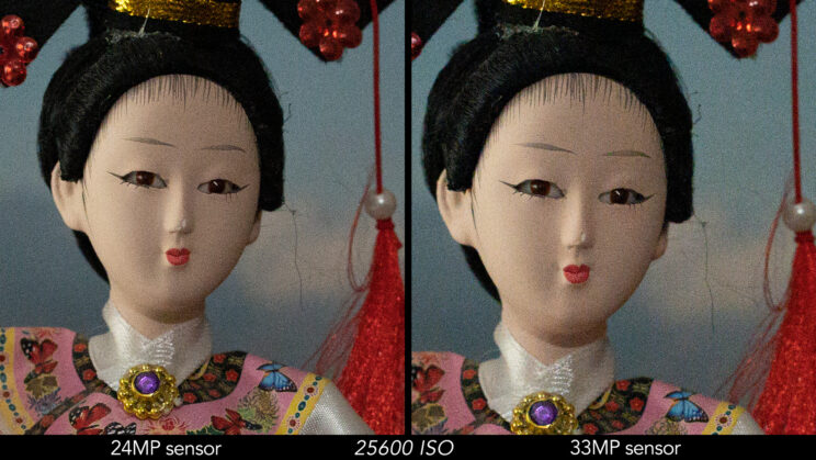 side by side crop showing the difference at ISO 25600.