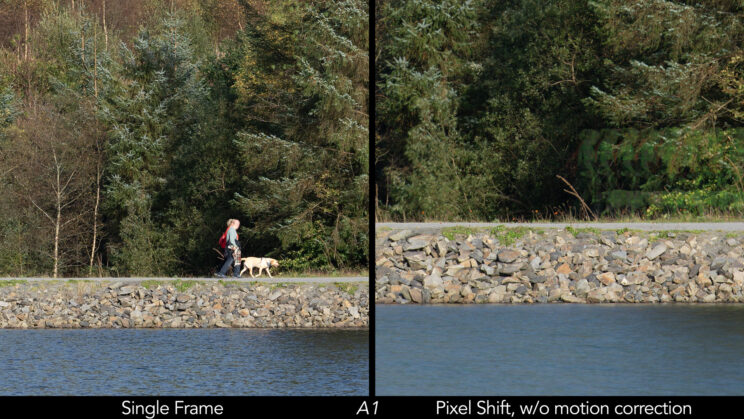 Side by side crop between the single shot an the composited shot, showing the artefacts when motion correction is turned off.