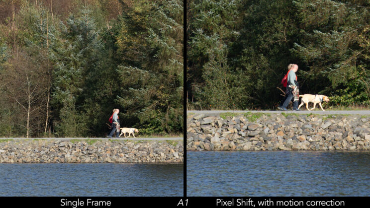 Side by side crop between the single shot an the composited shot, showing the result when motion correction is turned on.