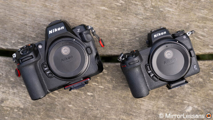 Nikon Z8 and Z7 II side by side, resting on a wooden bench.