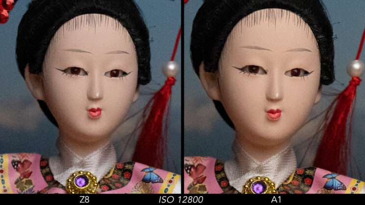 Side by side crop showing the quality at ISO 12800 between the Nikon Z8 and Sony A1.
