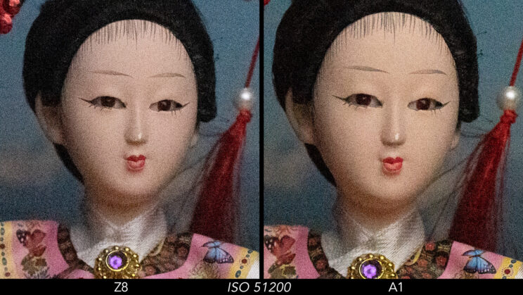 Side by side crop showing the quality at ISO 51200 between the Nikon Z8 and Sony A1.