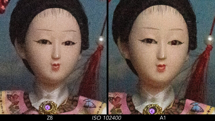 Side by side crop showing the quality at ISO 102400 between the Nikon Z8 and Sony A1.