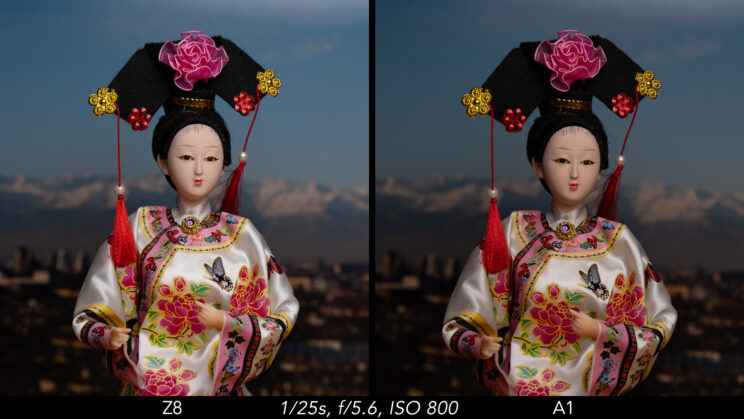 Side by side image of a Japanese doll, showing the difference in brightness with the same exact exposure settings between the Nikon Z8 and Sony A1.
