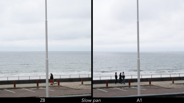 Side by side image showing the distortion produced by the Nikon Z8 and Sony A1 with the electronic shutter when panning slowly.