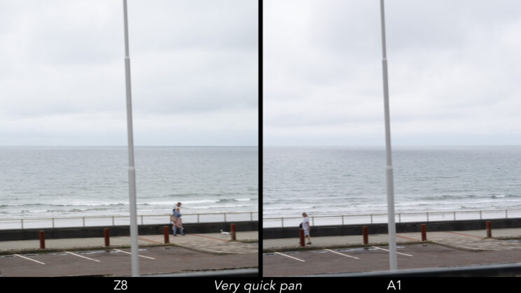 Side by side image showing the distortion produced by the Nikon Z8 and Sony A1 with the electronic shutter when panning very quickly.
