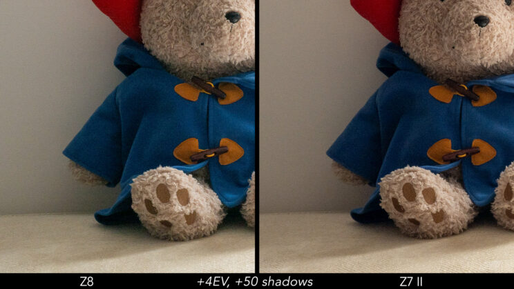 Side by side crop showing the quality of the Nikon Z8 and Z7 II after a 4 stops recovery in the shadows.