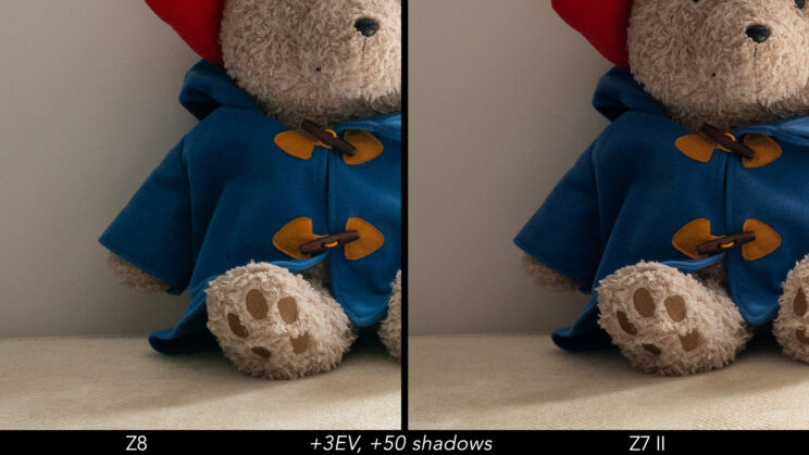 Side by side crop showing the quality of the Nikon Z8 and Z7 II after a 3 stops recovery in the shadows.
