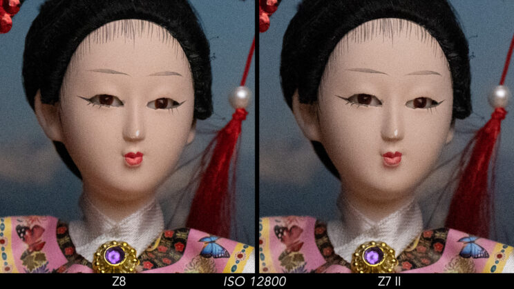 Side by side crop showing the quality at ISO 12800 between the Nikon Z8 and Z7 II