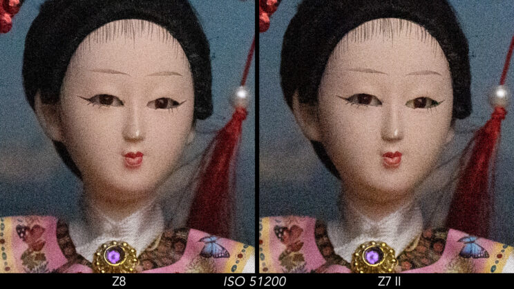 Side by side crop showing the quality at ISO 51200 between the Nikon Z8 and Z7 II