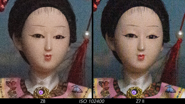 Side by side crop showing the quality at ISO 102400 between the Nikon Z8 and Z7 II