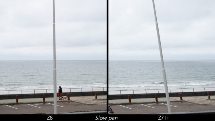 Side by side image of a street lamp showing the amount of distortion when panning slowly with the Nikon Z8 and Z7 II, using the electronic shutter.
