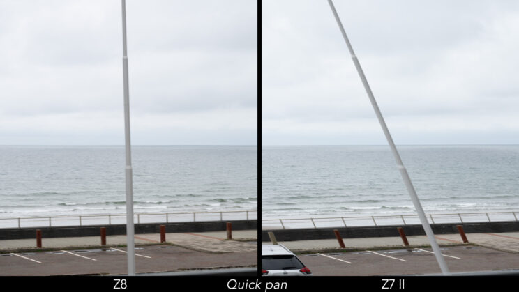 Side by side image of a street lamp showing the amount of distortion when panning quickly with the Nikon Z8 and Z7 II, using the electronic shutter.
