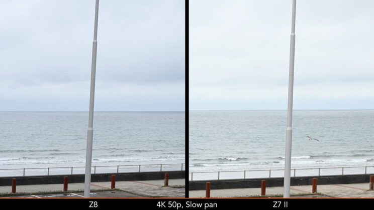 Rolling shutter comparison between the Z8 and Z7 II with a slow movement in 4K 50p.