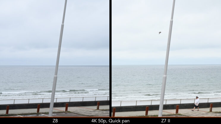 Rolling shutter comparison between the Z8 and Z7 II with a quick movement in 4K 50p.