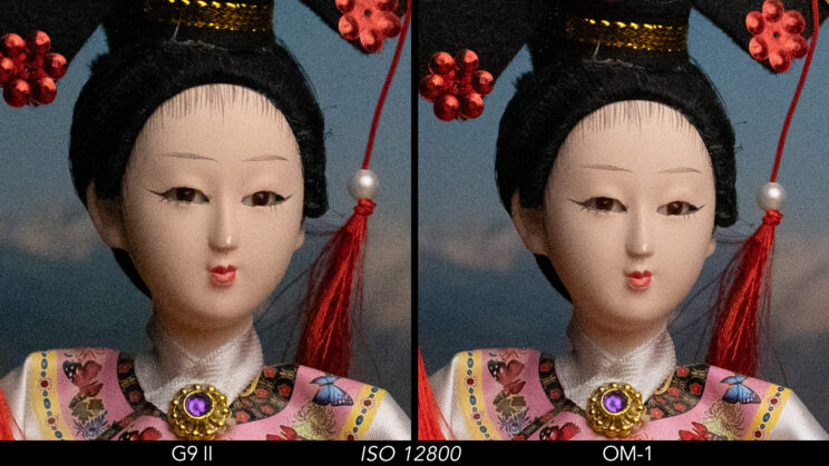 Side by side crop showing the quality of the G9 II and OM-1 RAW files at ISO 12800
