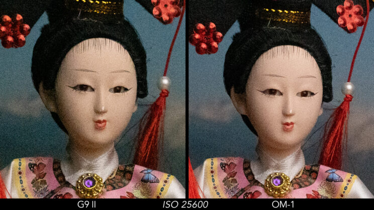 Side by side crop showing the quality of the G9 II and OM-1 RAW files at ISO 25600