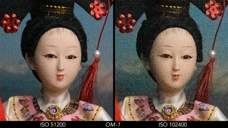 Side by side crop showing the quality of the OM-1 RAW files at ISO 51200 and 102400.