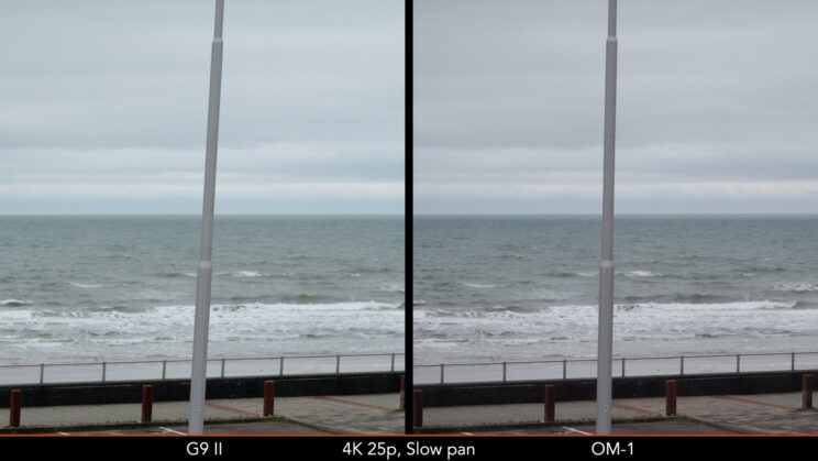 Side by side image showing the distortion produced by the G9 II and OM-1 when panning slowly during video recording.